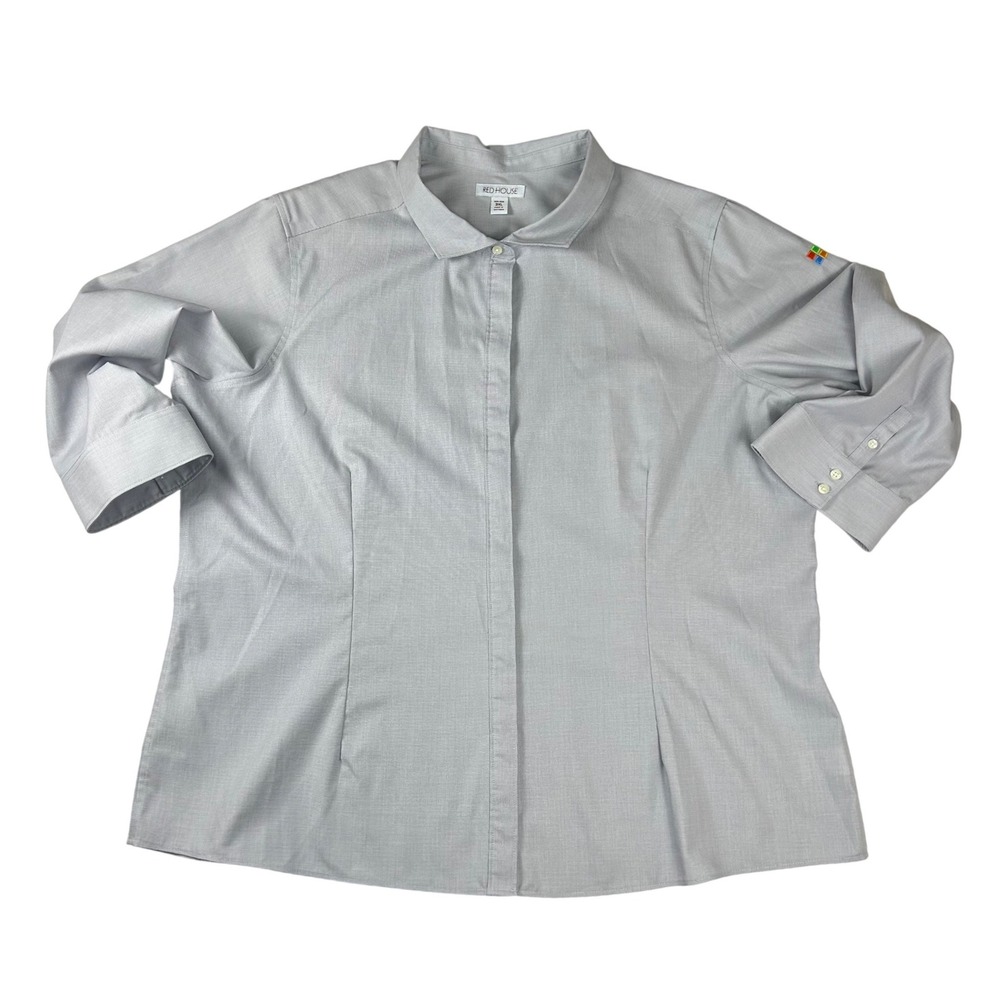 Red House Microsoft Logo Non-Iron Gray Button Down Shirt Womens 3XL 3/4 Sleeve